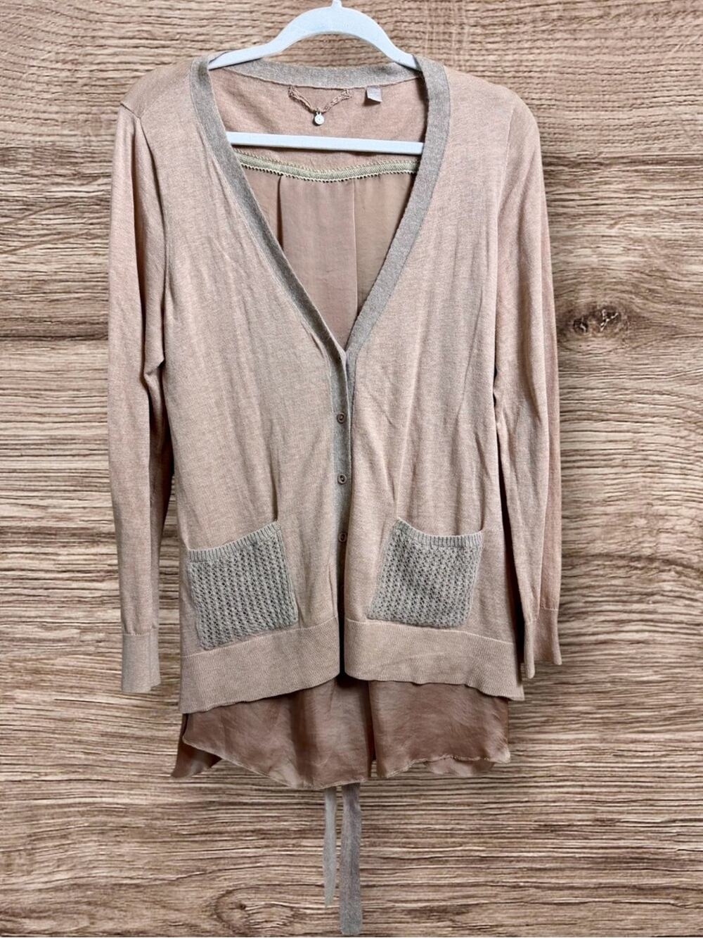 Anthropologie  knitted and knotted brown V-neck silk blend cardigan large